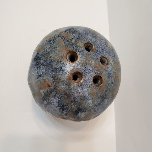 Art Pottery Vase, Flower Frog, Stoneware, Signed Studio Pottery, Blue Beige Pot - Picture 5 of 8